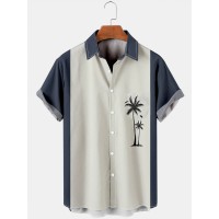 Men's Striped Coconut Print Loose Hawaiian Short Sleeve Shirt