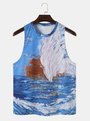 Men Landscape Print Art Style O Neck Sleeveless Cool Top