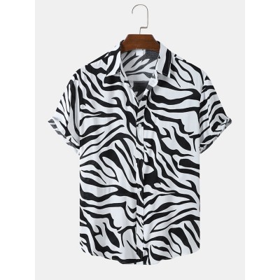 Mens Zebra Print Lapel Button Up Short Sleeve Shirts