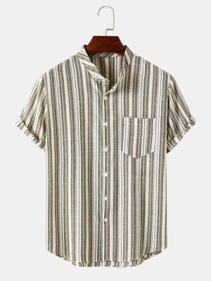 Mens Vertical Stripe Stand Collar Cotton Short Sleeve Shirts